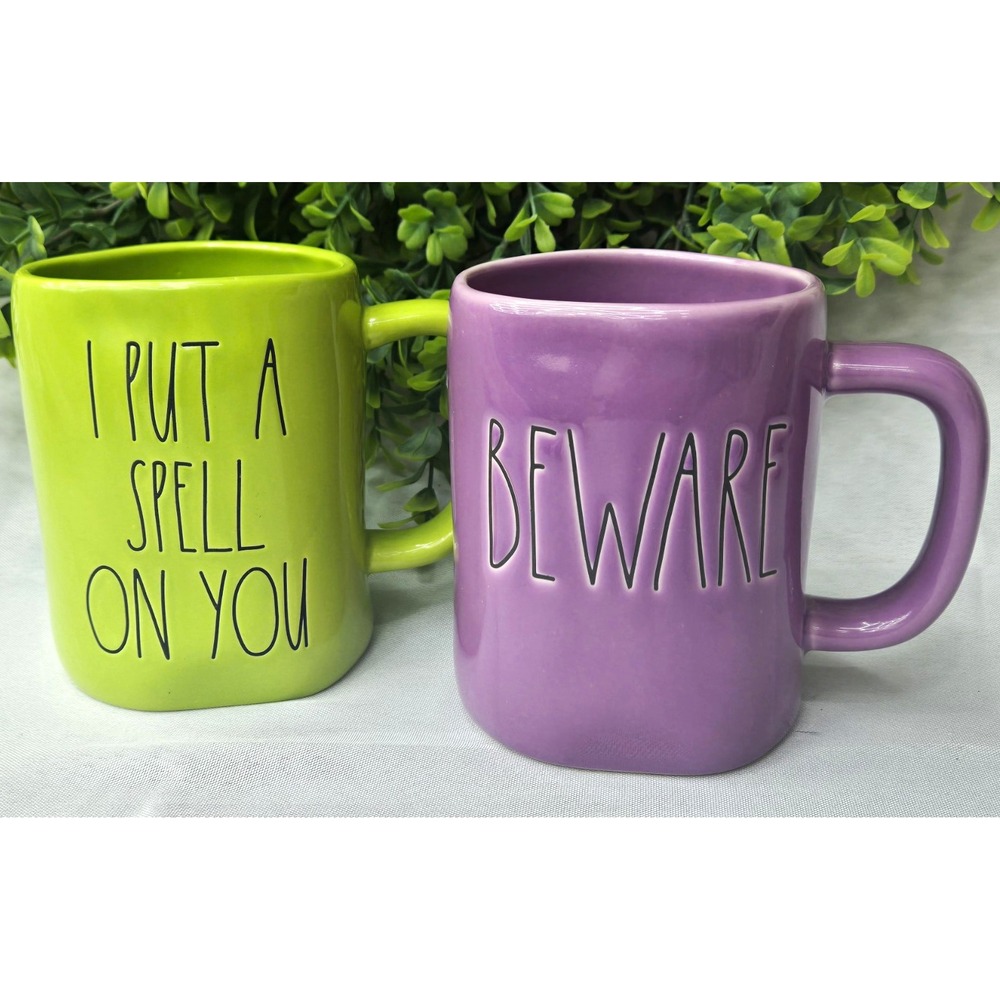 Rae Dunn Artisan Halloween Mug Lot of 2 BEWARE Purple SPELL ON YOU Magenta